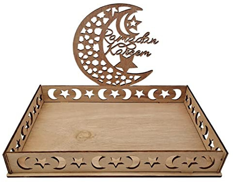 JunD Eid Mubarak Tischdeko Teller Holz, Ramadan Tablett Holz Teller Mond Und Stern Muster, Ramazan Dekoration Dessert Gebäck Tablett für Islam Party Süßigkeiten Kuchen Kekse (A)