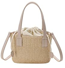 Ulisty Damen Klein Strohtasche Mini Geflochten Eimer Tasche Sommer Strandtasche Mode Schultertasche Oberer Handgriff Tasche Umhängetasche Handtasche Khaki