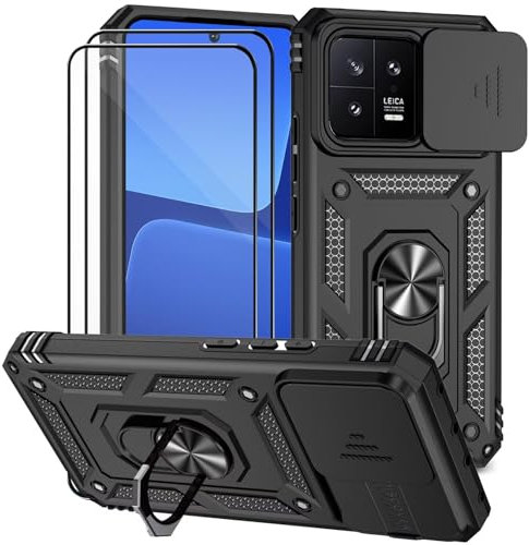 Dechyi für Xiaomi 13 5G / Xiaomi Mi 13 5G Hülle mit Panzerglas Schutzfolie Schutzhülle mit Kameraschieber Case 360° Drehbarer Militä Ständer Stoßfest Cover-Schwarz
