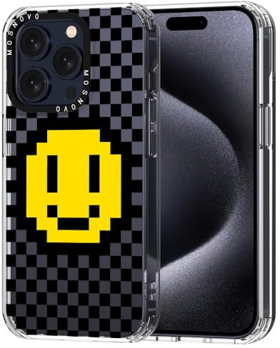 MOSNOVO für iPhone 15 Pro Hülle – Durchsichtige, schlanke, stoßfeste TPU+PC-Handyhülle, [6,6 Fuß Fallschutz/Anti-Abziehen] - Karo mit Lächeln