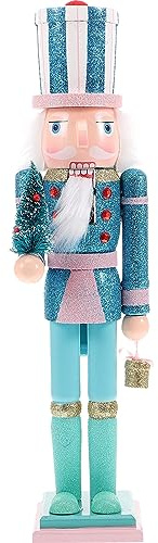 Statuette di schiaccianoci di Natale, 38 cm, in legno, Babbo Natale con regali e albero di Natale, grande schiaccianoci da tavolo, decorazioni per mensole (verde)