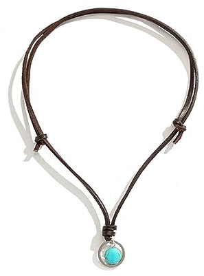 BOSONS Leather Turquoise Stone Necklace, Vintage Leather Rope Turquoise Pendant Necklace, Boho Style Leathers Choker, Natural Gemstone Pendant Jewelry Gift for Women Girls