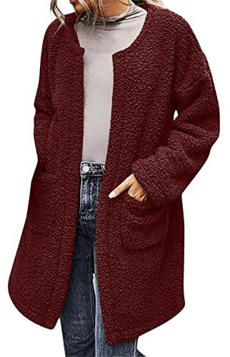 Damen Mäntel Elegant Damen Casual Solid Color Fuzzy Fleece Open Front Long Cardigan Coat Faux Warm Winter Outwear Jacken Daunenjacke Lack (Wine, M)