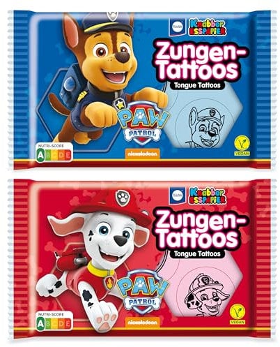 Küchle Knabber Esspapier Zungentattoos 2er Set (2x11g) - Vegane Süßigkeit mit PawPatrol Motiven, zufällige Auswahl aus 4 Motiven, Rote & Blaue Oblaten mit fruchtigem Süßem Geschmack