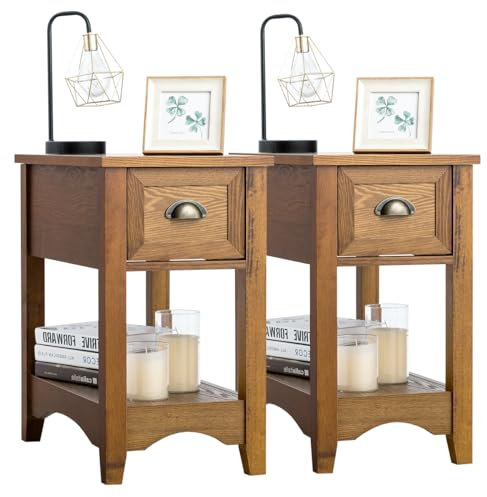 LIFEZEAL Nachttisch 2er Set, Wohnzimmertisch Holz mit Schublade, Nachtkommode aus Gummibaumholz, Beistelltisch schmal für Wohnzimmer, Schlafzimmer, Vintage-Design, 33 x 56 x 58,5 cm (2, gelb)