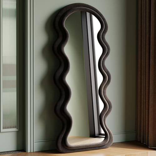 Generisch Ganzkörperspiegel 160x60cm Standspiegel,Gewölbter Bodenspiegel Groß,Wandspiegel aus Flanellumwickeltem Holzrahmen,Hängend/Kippend,Halbrunder Wellenspiegel für Schlafzimmer (Schwarz)