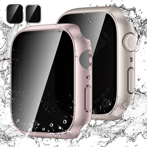 Kamita [2Pezzi] Custodia per Apple Watch Serie 9 8 7 41mm con Protezione Dello Schermo in Vetro Temperato per la Privacy, Impermeabile Bumper Case Anti-spia Cover per iWatch 41mm (Luce stellare+Rosa)