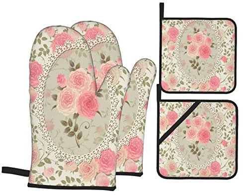 4 Stück Ofenhandschuhe Set Vintage Blumen Shabby Chic Rosen Spitzenrahmen, Rosa Blumensträuße Mit Grünen Blättern Topfpads Küchendekoration Topflappen Pad, Für Cafe, Küche