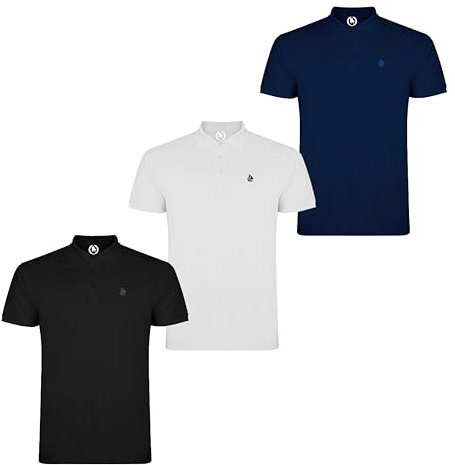 S&C - Polo Hombre Manga Corta Algodón 100%, Color Liso, Estilo Casual, Cuello 3 Botones, Diseñado en España, Tejido Punto Piqué, Corte Regular, Talla Ajustada, 3 Uds Negro Blanco Marino, XL