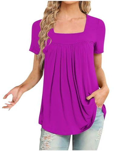 Tshirt Damen Sommer Longshirt Elegant Bluse Plissee Oberteile Casual Locker Tops Sexy Shirts Lang Blusen Tuniken Mode Blusenshirt Pullover Basic Tee Sommershirt Lässige Longbluse für Leggings