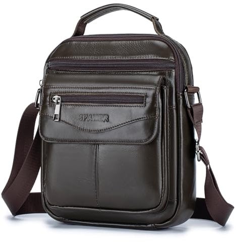 SPAHER Umhängetasche Leder Herren Herrentasche Schultertasche Echtes Leder Handgelenktasche Herren Schultertasche Crossbody Bag Messenger Bags Geschenk für Männer Kaffeebraun