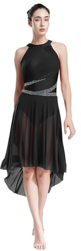 Yhong Damen Ballettkleid Lyrisches Tanz Kostüm mit Mesh Asymmetrisch Rock Ballett Trikot Body Kleid modernen zeitgenössischen Tanz Tüllkleid