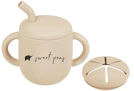 Silicone Sippy Cup 6+ Months, Sweet Peas Easy Grip & Leak-Proof Toddler Cup with Straw, Baby Cups for Weaning with Soft Straw and Lid, BPA Free and Toddler Friendly (Shifting Sand)