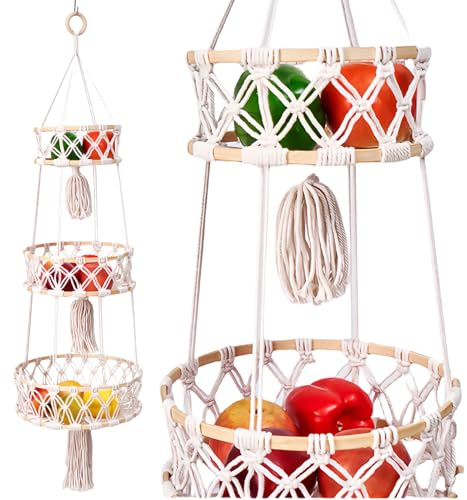 WIYETY Obstkorb Hängend Korb Geflochten 3-Stöckiger, Hängender Obstkorb, Handgewebt Küche Aufbewahrung, Obst Hängekorb, Handgemachter Geflochtene Wandkörbe, Boho-Wandkörbe Gemüse Fruit Basket Küche