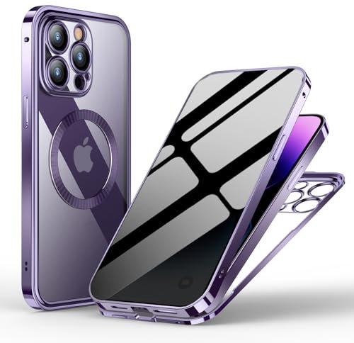 Privacy Case for iPhone 14 Pro Max,Compatible with MagSafe,Front and Back Tempered Glass Metal Bumper Magnetic Case,Anti-Peeping Screen & Camera Protector,360 Full Body Phone Case Cover,Purple