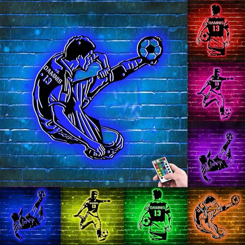 ALICESER Personalized Soccer Player Metal Wall Art Led Light Sign, Custom Soccer Name Neon Sign Home Decor, Wall Backdrop Sports Lover Decoration