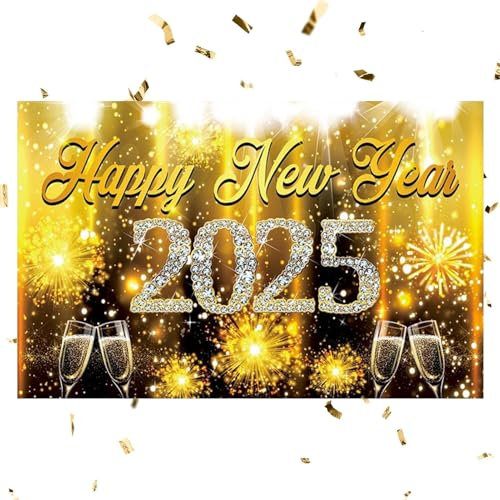 Leryveo Frohes Neues Jahr-Banner, Frohes Neues Jahr-Poster - 2025 Hintergrund Stoffschild Poster Banner | 70,8 x 43,3 Zoll Champagnergläser-Muster, Fotokabinen-Hintergrunddekoration für die Wand