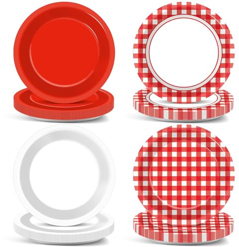 CHUNNIN 48 Pcs Red Plaid Checkered White Gingham Paper Dessert Plates for Picnic, Barbecue, Birthday Party Supplies