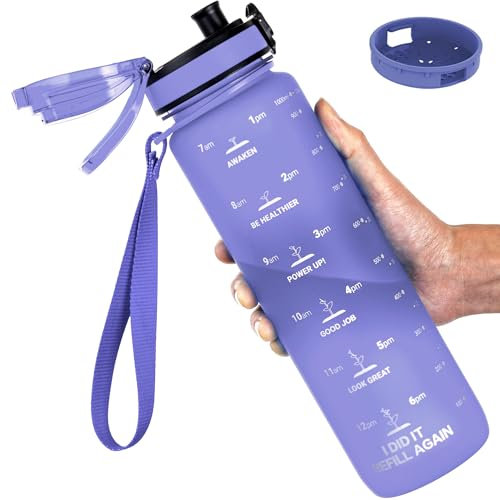GOPPUS 1000ML/32OZ Tritan Water Bottle 1 Litre Leakproof Drink Bottle with Measurements Sport Bottles with Lockable Flip Top Motivational Bottles with Time Marks for School Adults Cycling Men Women