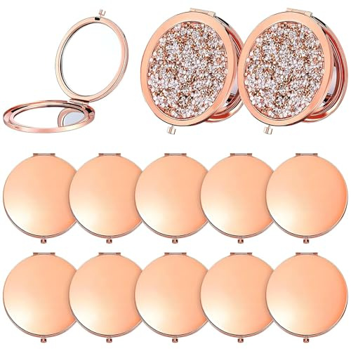 12 Pcs Small Makeup Mirror Bulk for Girl, Pink Compact Mirrors Multipack | 1X / 2X Magnifying Pocket Mirror, Double Sided Pink Folding Mirrors with Diamond for Women Travel Girls Bridesmaid Gift