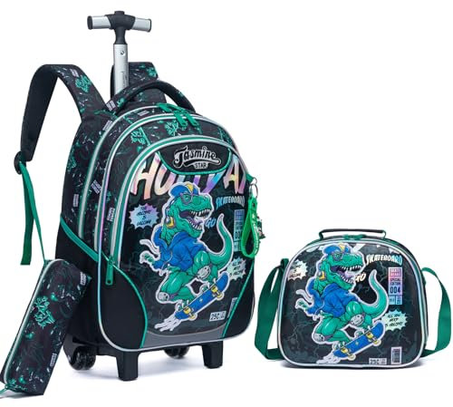 Egchescebo Kinder Rucksack mit Rollen Kinderkoffer Jungen für Koffer Schultrolley Kindertrolley Trolley Groß Schultasche Handgepäck Kindergepäck 17” 3pcs Sätze Geeignet Grundschüler Dinosaurier Grün