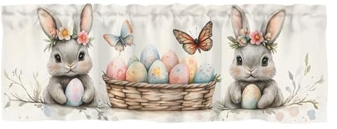 Generisch Fensterdekoration Ostern Druck Hase Deko Gardine Polyester Osterdeko Osterhasen Dekoration Vorhänge Schmetterlingsmuster Bistrogardine Küche Türgardine Wohnzimmer Schlafzimmer (150x45 cm)