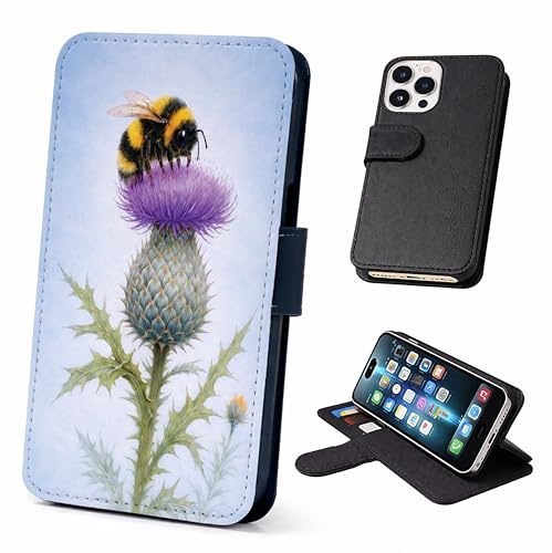 Scottish Thistle Wallet Phone Case – Floral Faux Leather Flip Cover with Card Slots – Compatible with iPhone SE, 7, 8, X, XR, 11, 12, 13, 14, 15, 16 & 16E (Plus, Mini, Pro, Max Models) Bee Insect