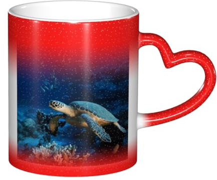 Bryptxztxt Tazza magica in ceramica sensibile al calore, con stampa di tartaruga marina con pesci, 325 ml, con manico a forma di cuore, regalo unico per compleanno, famiglia, amici, amanti (confezione