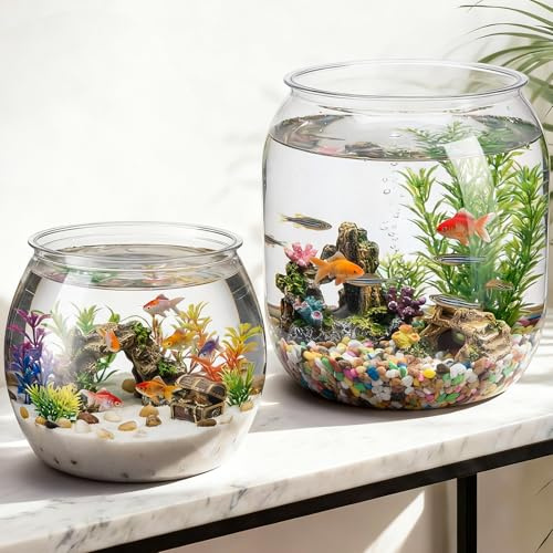 Cosblank 2 Pcs Plastic Fish Bowl 4 Gallon & 1 Gallon Large Round Clear Betta Aquarium Fish Tank Shatterproof Goldfish Bowl Hydroponic Planter Multi-use Container for Terrarium Flower Vase Centerpiece