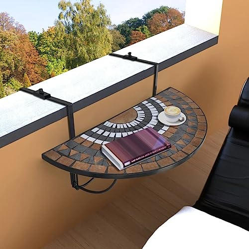 fadaoet Balkonhängetisch Mosaik Terracotta und Weiß, halbrund, klappbar, Eisen und Keramik, 76 x 38 cm Tischplatte, für Garten und Terrasse, Stabiler Outdoor Tisch, platzsparend und stilvoll