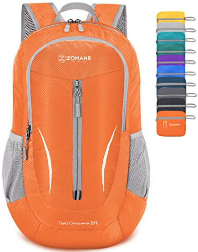 ZOMAKE Ultraleicht Faltbarer Rucksack Packbare Backpacks 25L,Kleiner Faltbar Wanderrucksack Wasserdicht für Damen Herren Outdoor Wandern(Orange)
