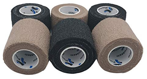 PintoMed - Venda Cohesiva - 3 x BEIGE + 3 x NEGRO - 6 rollos x 5 cm x 4,5 m estirado - Vendaje autoadhesiva elástica y flexible, Cinta adhesiva, Vet Wrap, Tape, Primeros auxílios y lesiones