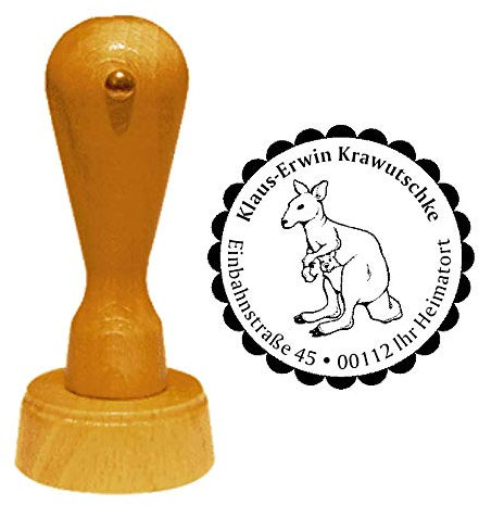 Stempel Adressstempel « KÄNGURU mit BABY » Durchmesser ca. Ø 40 mm - mit persönlicher Adresse, Motiv und Zierrand - Tier Tiere Wildtiere Australien Beuteltier