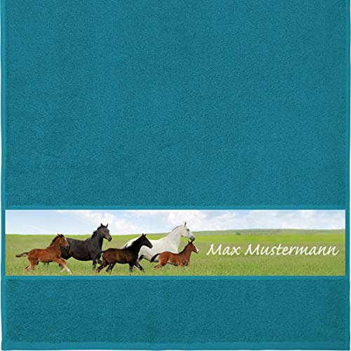 Manutextur Handtuch mit Namen - personalisiert - Motiv Tiere - Pferde - viele Farben & Motive - Dusch-Handtuch - Petrol - Größe 50x100 cm - persönliches Geschenk mit Wunsch-Motiv und Wunsch-Name