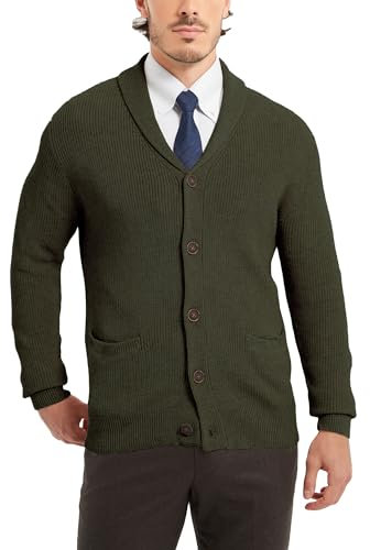 Kallspin Herren Wollschal-Kragen Strickjacke mit Knöpfen und Taschen(Armeegrün, XL)