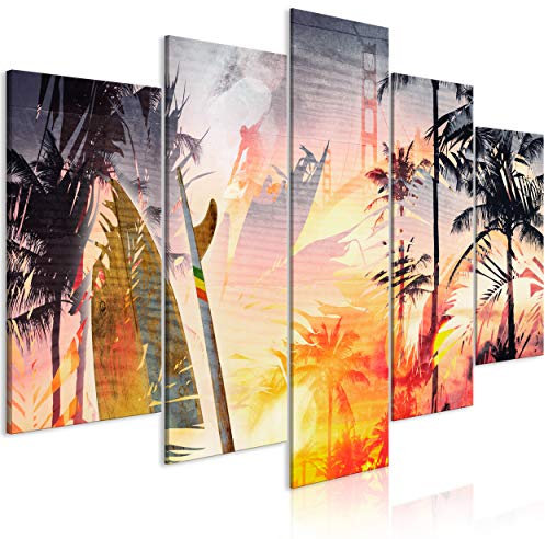 decomonkey Bilder Sommer 225x112.5 cm 5 Teilig Leinwandbilder Bild auf Leinwand Wandbild Kunstdruck Wanddeko Wand Wohnzimmer Wanddekoration Deko Palmen Abstrakt Hawaii
