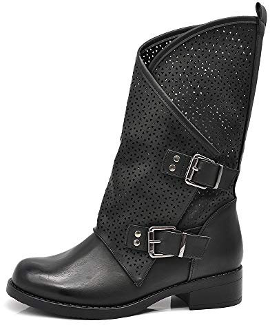 IF Fashion Scarpe da Donna Stivali Stivaletti Biker Fibbie Anfibi Primaverili Estivi 628 Nero N.37