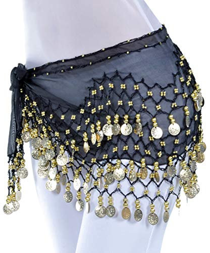 Maytop Ceinture Danse Orientale Belly Dance Foulard Jupe avec Robe Costume du Ventre Sequin Écharpe Déguisement Femme Fille (Black Gold)