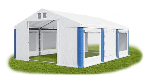Das Company Partyzelt 4x6m Lagerzelt Universalzelt Pavillon mit Moskitonetz weiß-blau mit Bodenrahmen 560g/m² PVC Plane wasserdicht Solide Festzelt Gartenzelt Summer Floor ISDM