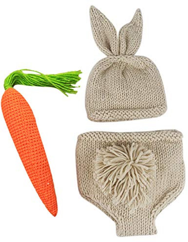 Set di 3 pezzi di costume per Pasqua, per neonati, per bambini, con cappellino + pantaloncini + carota, per fotografia, costume all'uncinetto, tuta da coniglio, pantaloni 01-grigio 0-12 mesi
