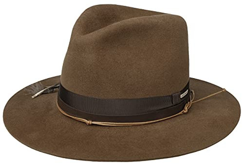 Stetson Linto High Crown Haarfilzhut Filzhut Herrenhut Damenhut Damen/Herren - Made in The EU mit Futter, Lederband, Ripsband Herbst-Winter - 57 cm Dunkelbeige