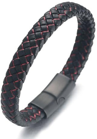 Halukakah Kinder ● Jazz Junior ● Jungen Echtes Leder Handgemachtes Geflecht Schwarz Mix Rot Armband 6-12 Jahre alt. Titan Mattierter Magnetverschluss 18cm mit Geschenkbox