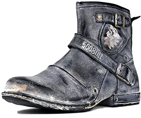OSSTONE Herren Stiefel aus Rindsleder Lederstiefel mit Gummisohle Biker Boots mit Reißverschluss Männer Stiefeletten OS-5008-1-AN-10