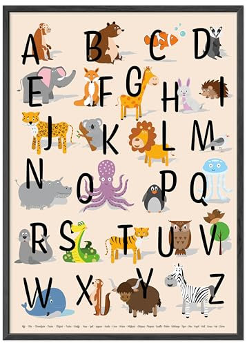 kizibi® ABC Poster DIN A2 mit Rahmen Schwarz für Kinderzimmer, Alphabet Poster für Mädchen und Jungen, Buchstaben zum Lernen, Tier Lernposter mit Buchstaben auf deutsch | Vorschule oder Grundschule