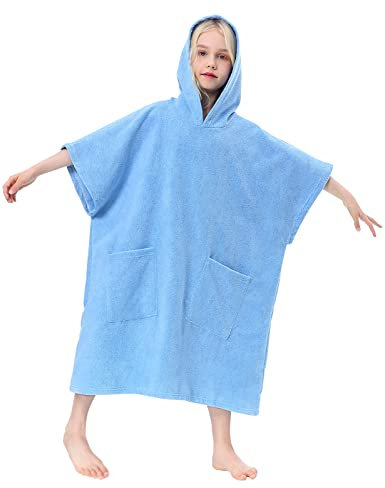 TOMEEK Handtuch Poncho mit Kapuzen Für Kinder Weich Strandponcho Teenager Surfponcho Badeponcho Strandtuch Bademantel mit Tasche Ideal Für Ferien, Schwimmen, Surfen, Strand, Bad(Blau)