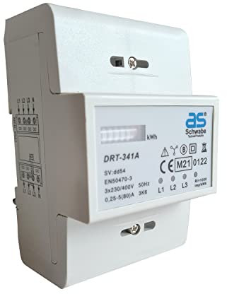 as - Schwabe Stromzähler - Hutschienen Wechselstromzähler - MID konform - Reiheneinbaugerät - 400V - 3-phasig - DRT-341A - 3x230/400V 0.25-5A, (max. 80A) - Rollenzählwerk - 6+1 stellig analog, 62512