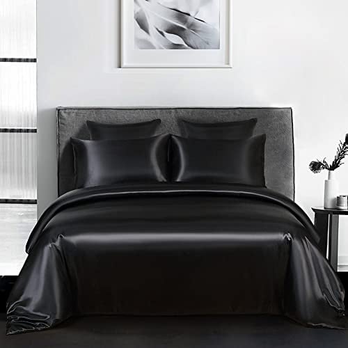 Housse de Couette Satin 220x240 Noir avec 2 Taies d'oreiller 65x65 cm | Parure de Lit Adulte 2 Personnes, Satin de Soie Brillante, Linge de Lit, Fermeture Éclair