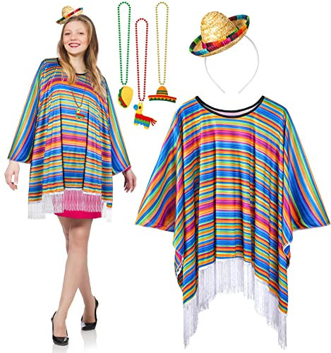 Cinco De Mayo Party Costumes Fiesta Serape Poncho, Fiesta Fabric and Straw Sombrero Headbands Hat, 3 Mexican Necklaces Bead for Adults Men Women, Mexican Birthday Party Supplies Favors Decorations