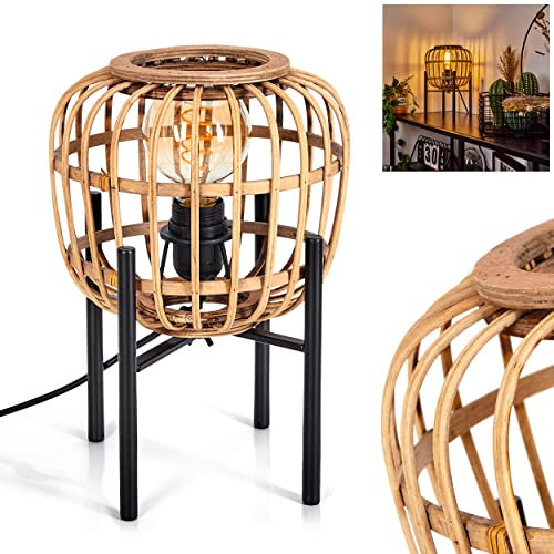 Tischleuchte Combeima, Tischlampe aus Metall/Holz/Rattan in Schwarz/Braun, Nachttischlampe im skandinavischen Design, An-/Ausschalter am Kabel u. Lichteffekt, (Ø 22cm), 1-flammig, 1x E27 max. 40 Watt
