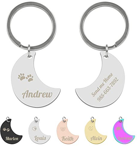 Uiopa Chapa Perro Grabada, Placa Identificativa Perro de Acero Inoxidable Para Perros y Gatos, Chapas Para Perros Personalizadas Forma de Luna in 2 Tamaños y 5 Colores